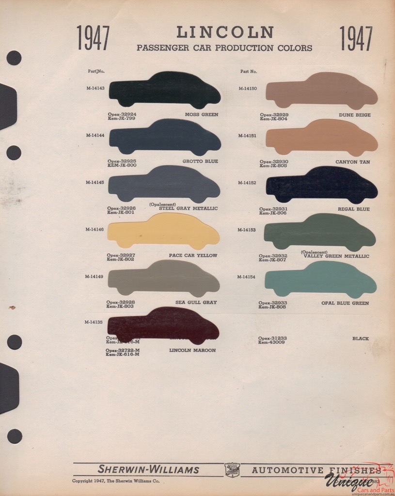 1947 Lincoln Paint Charts Williams 1